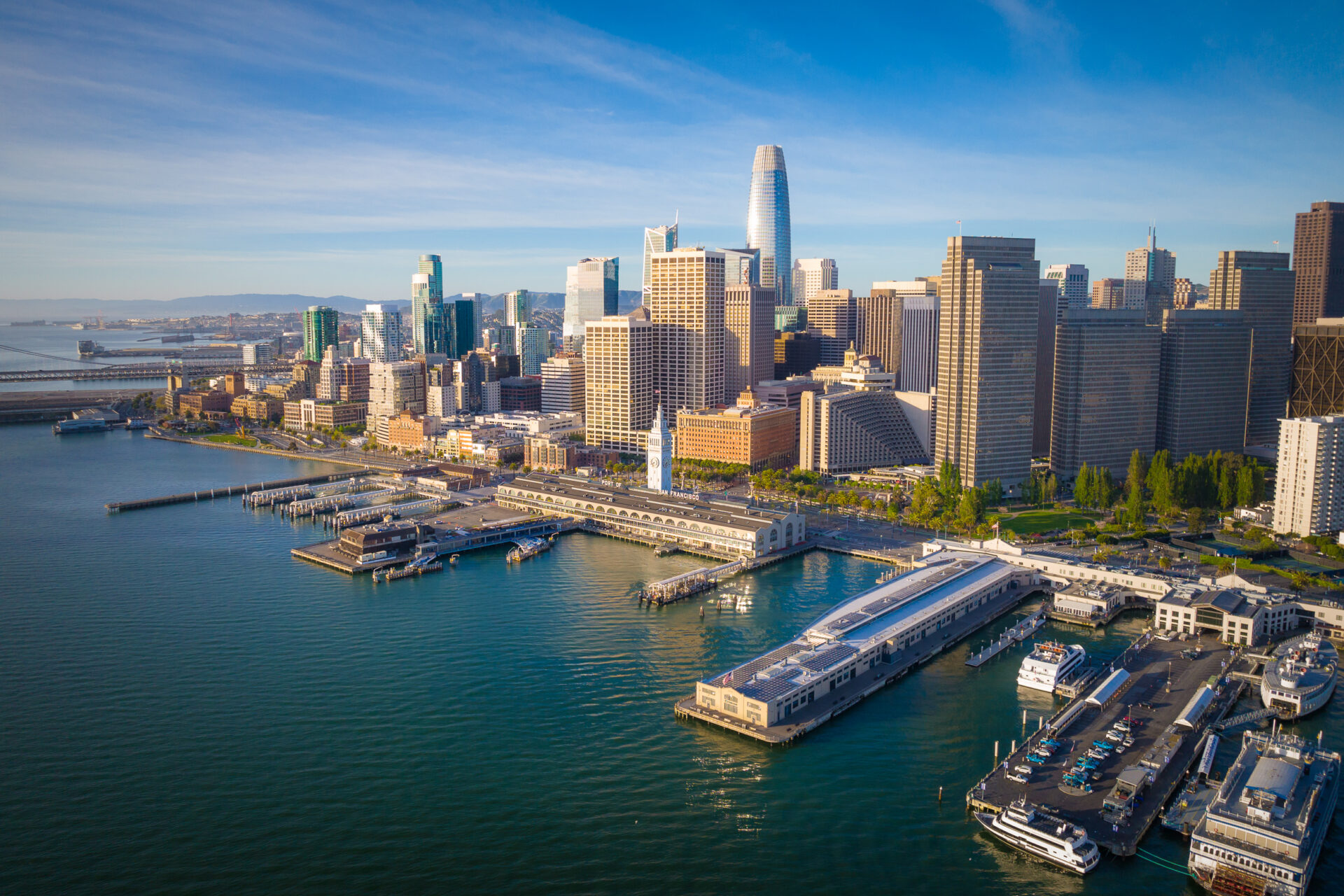 A city skyline with a waterfront area featuring docks and piers.